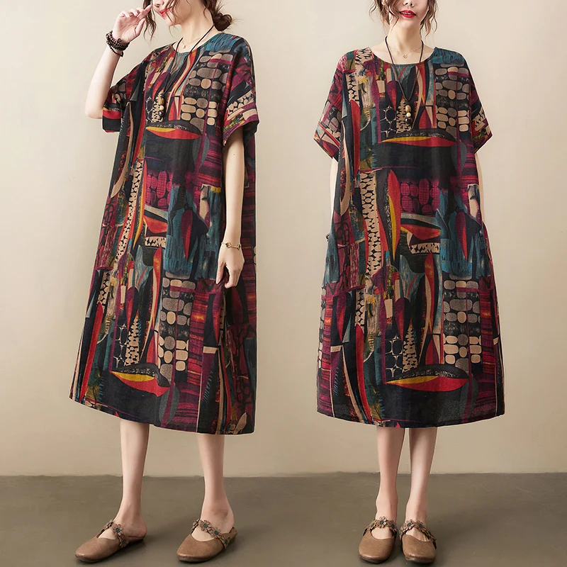

plus Size Cotton Summer Vintage Dress Knee-Length Short Sleeve Women's Loose Fit A-Line Skirt Casual Wear round Neckline