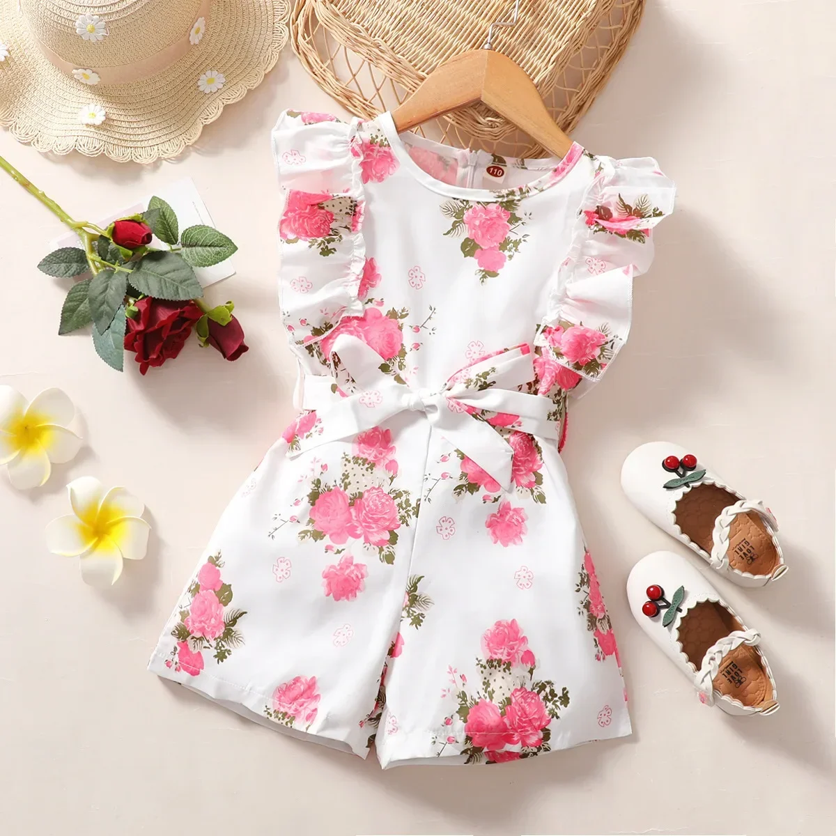 3-9Y Children Jumpsuits Summer Girls Romper Overalls Playsuits Sleeveless O-neck Print Regulai Fit Fresh Kids Bodysuits