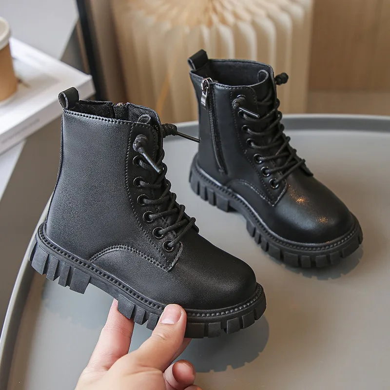 Children\'s Platform Ankle Boots Autumn Winter Girls Causal Black Leather Boots Fashion Non-slip Kids School Thick Bottom Boots