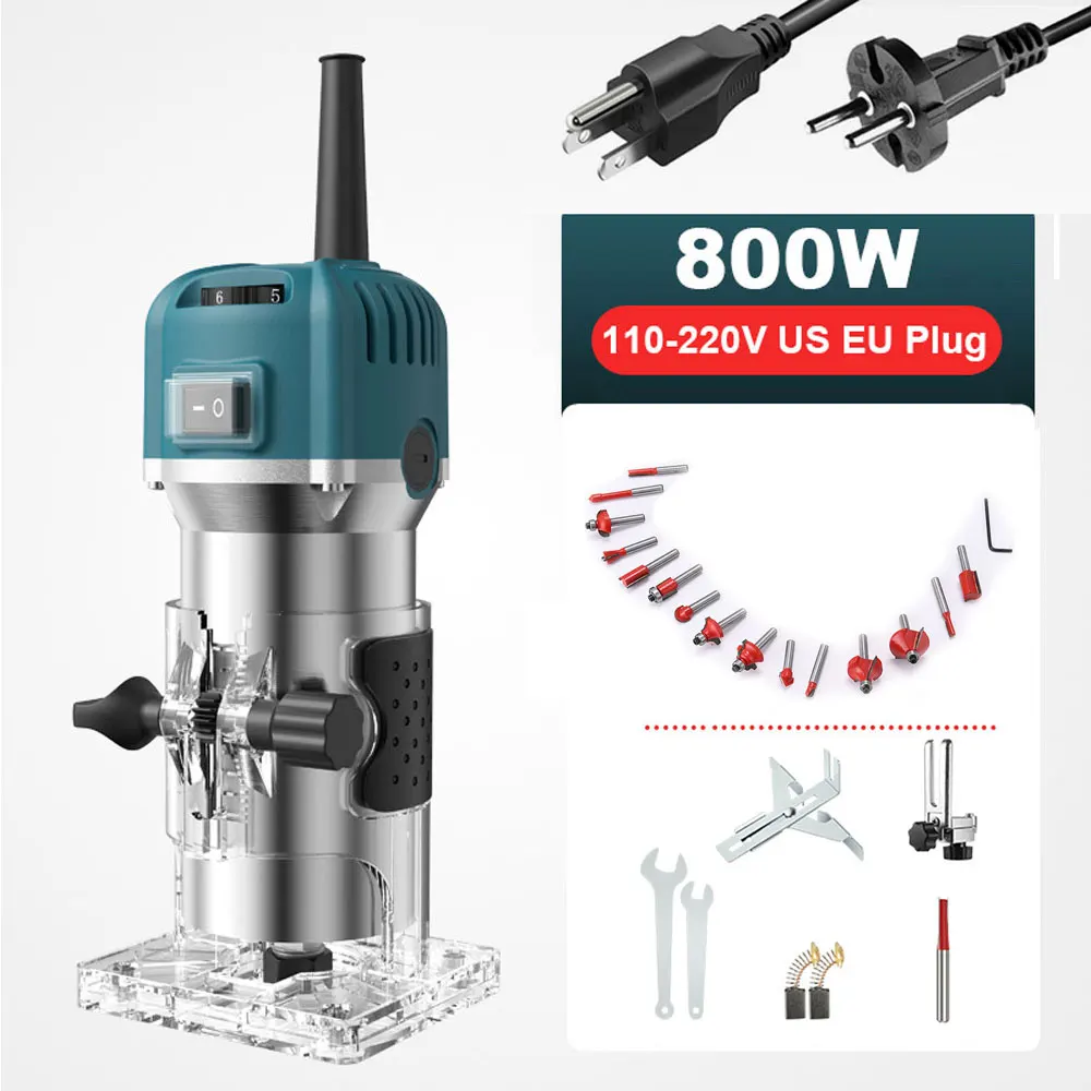 

6 Speeds Woodworking Electric Trimmer 800W with 6.35mm Wood Milling Cutters Engraving Slotting Machine Wood Router Power Tool