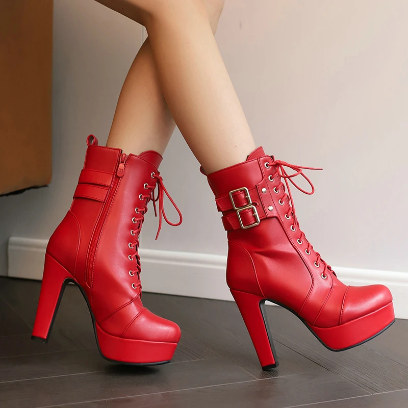 Lace-up Cross-tied Round Toe Thick High Heels Women Shoes Winter Botin Platform Navy Yellow Black Gothic Cowboy Motorcycle Boots