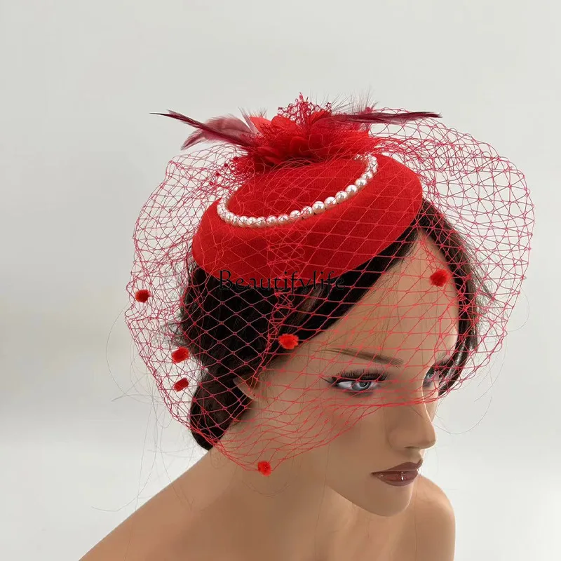 European and American bride mesh feather head flower hair accessories hairpin retro top hat woman