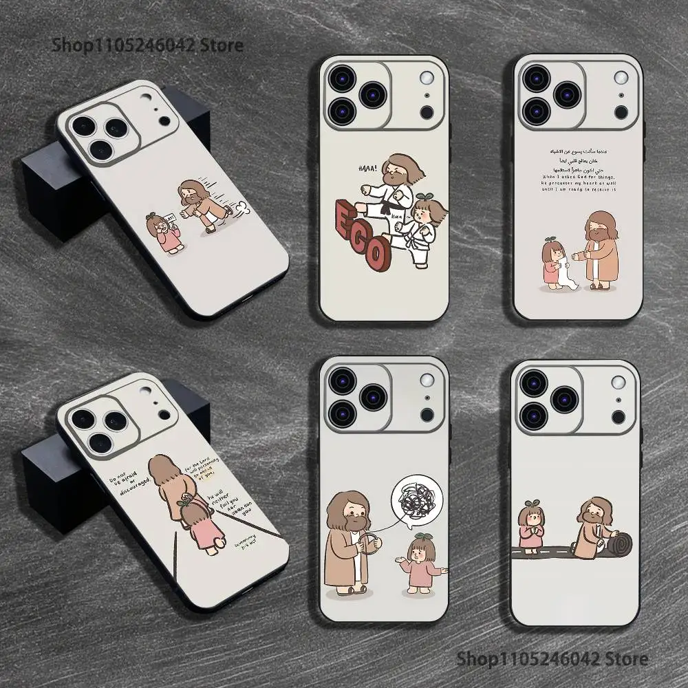 

Funny Cartoon Jesus Girl Phone Case For iPhone 17,16,15,14,13,12,11,Pro,XS,Max,XR,Plus,E,SE4,Mini Black Soft Cover