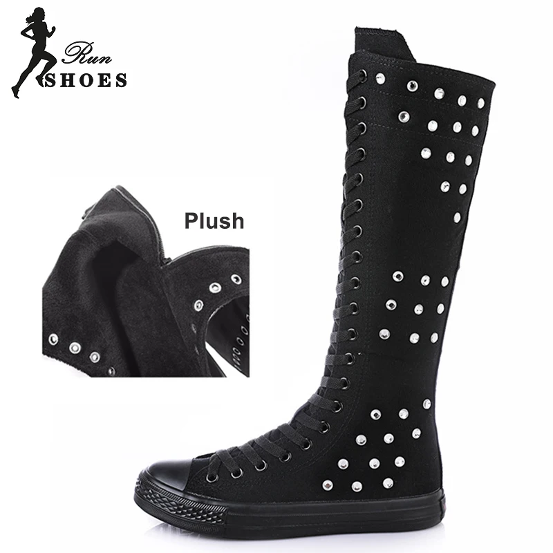 Stivali da donna invernali in peluche stivali lunghi Casual alti con lacci scarpe con cerniera laterale Stick Diamonds Crystal Canvas ROME Sneakers