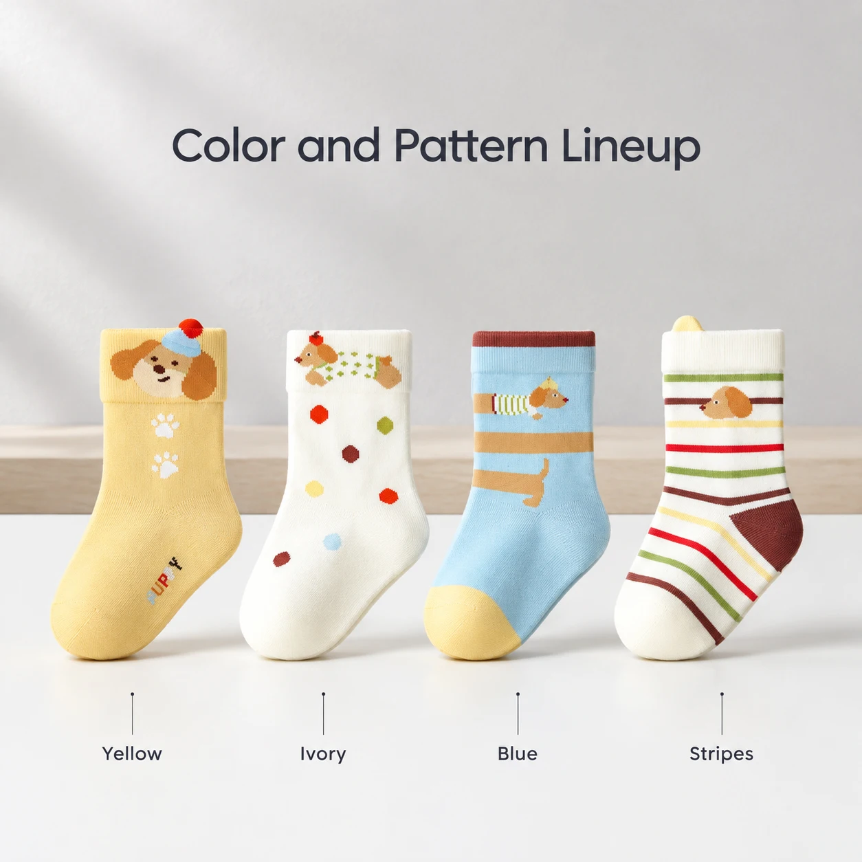4 Pairs Toddler Mid Calf Socks Cute Puppy Embroidered Pattern Striped Elastic Rib Cuff for Baby Boys Girls 0-4Y