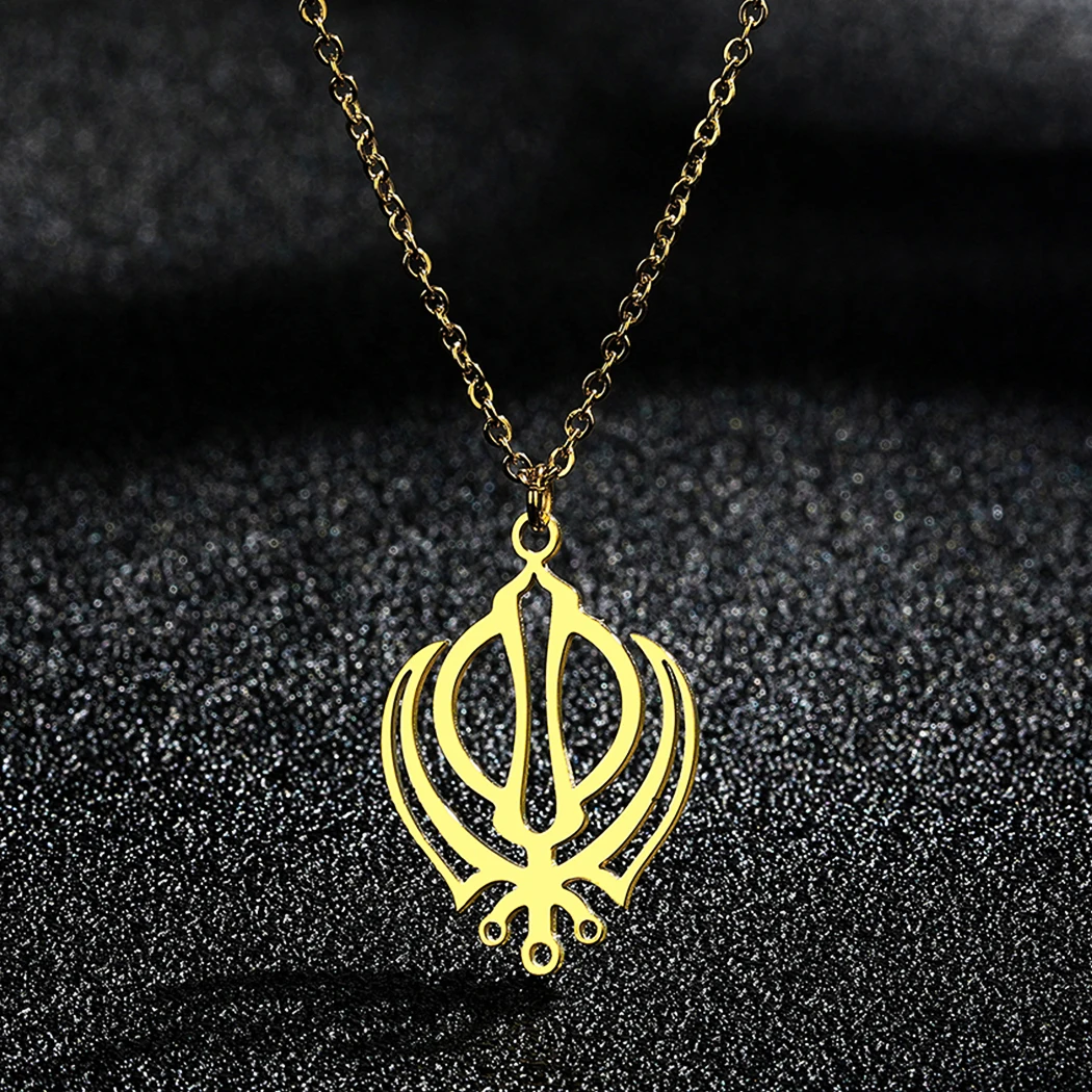 Dainty Khanda Pendant Necklace for Women Girls Stainless Steel Hollow Geometric Flower Charm Neck Chain Amulet Jewelry Collar