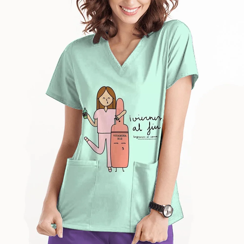 زي عمل المستشفى Medcine الأسنان طباعة التمريض الخامس الرقبة بلوزة عيادة الأسنان موحدة الطبية ممرضة قصيرة الأكمام فرك القمم