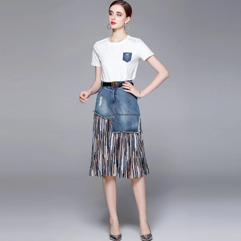 2022 Zomer Jeans Rok Pak Vrouwen Nieuwe T-shirt Met Riem Kwastje Retro Printing Mid Calf Denim Rok 2 Delige Set outfits Vrouwelijke