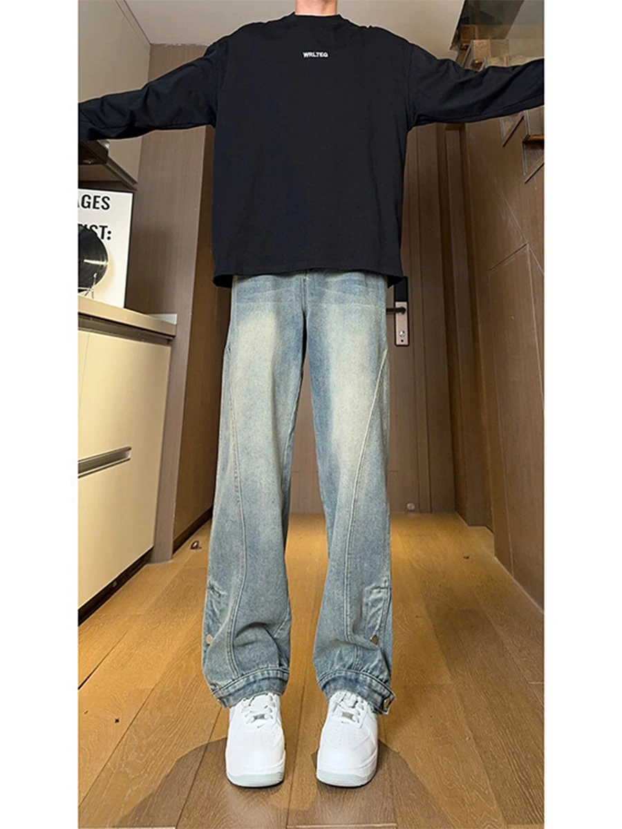 

Men's Autumn Winter Straight Leg High Street Waed Retro Casual Jeans Button Split Wide Leg Pants Faionable Urban Sle