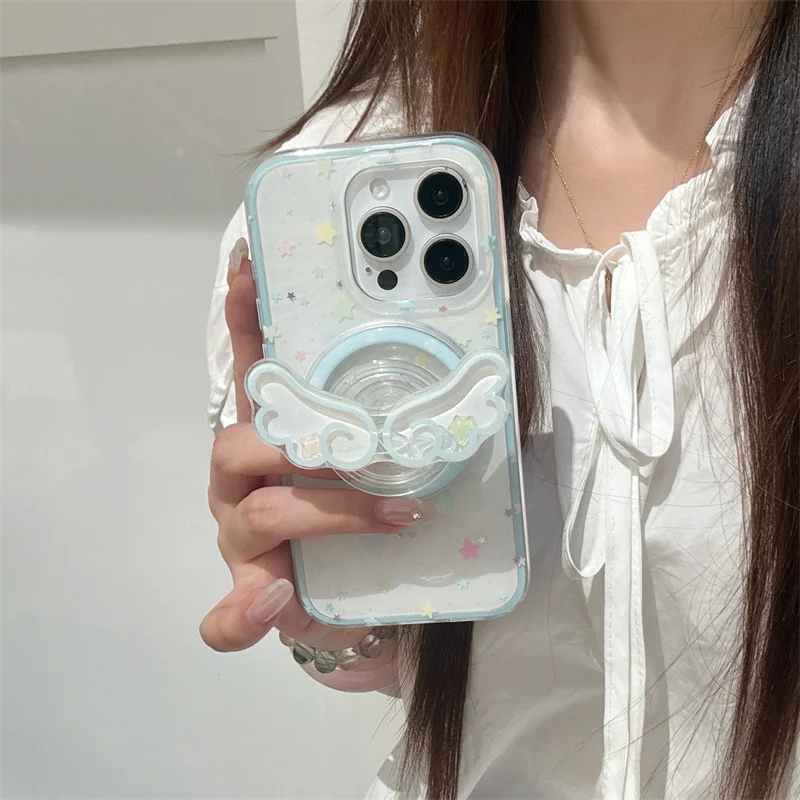 Korean Glitter Color Star Magnetic Phone Case For iPhone 16 Pro 14 15 Pro Max Cover with Cute Wing Stand Holder Shockproof Cases