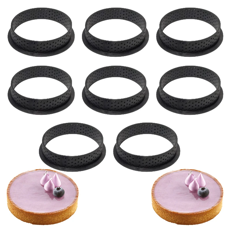 4/6/8pcs Circular Tart Ring French Dessert Mould Kitchen Black Plastic Perforated Egg Tart Mold Cutter Pastry Decorating Tools