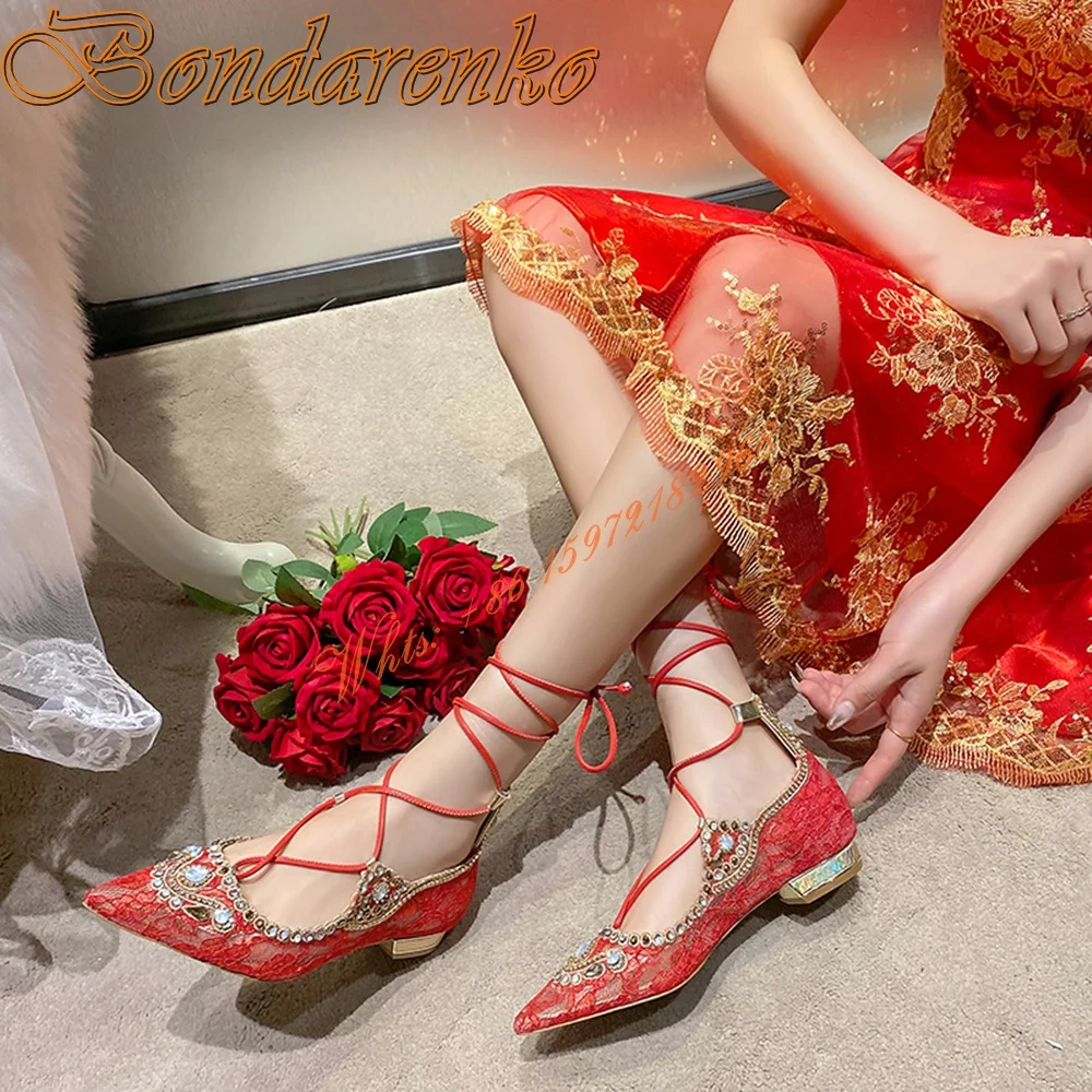 

Red Mesh Flat With Pumps Women Wedding Shoes Pointy Toe Lace Up Hollow Pumps Summer Party Sexy Shoes Solid Fashion Crystal Pumps