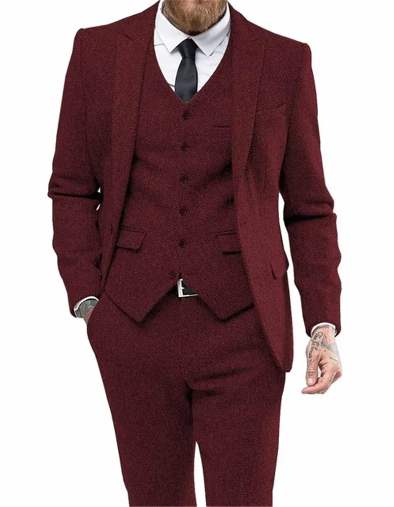 Men\'s Suits 3 Pieces Black Wool Herringbon Slim Fit Casual Formal Business Groomsmen Tweed Tuxedos for Wedding Blazer+Pants+Vest