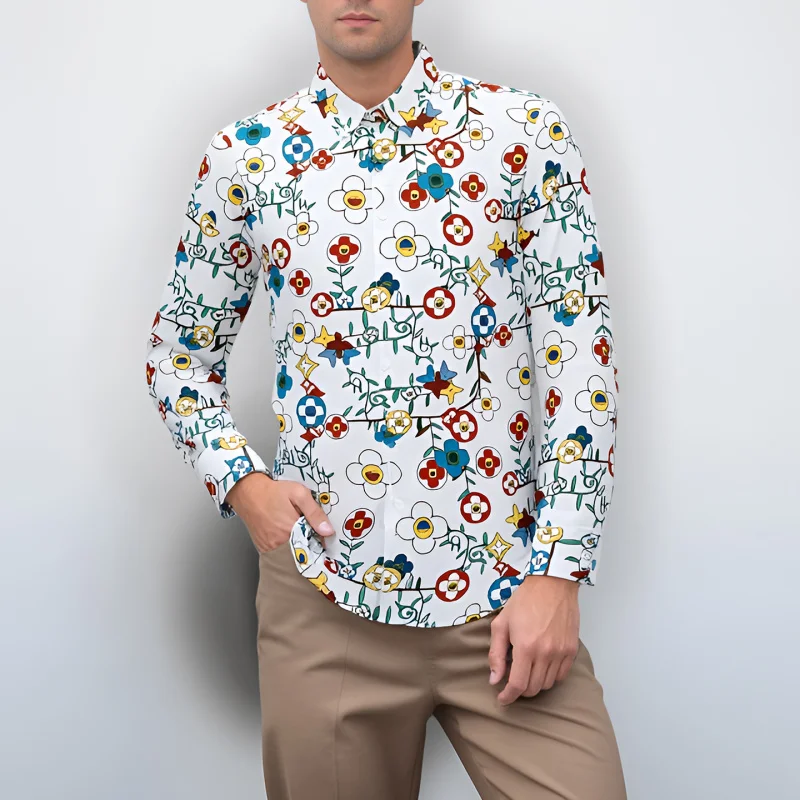 

Streetwear Style Men's Shirt HD Small Floral Print with Rhinestone, Slim Fit Comfort Non-Iron Wrinkle Free Fashion Dress Shirt