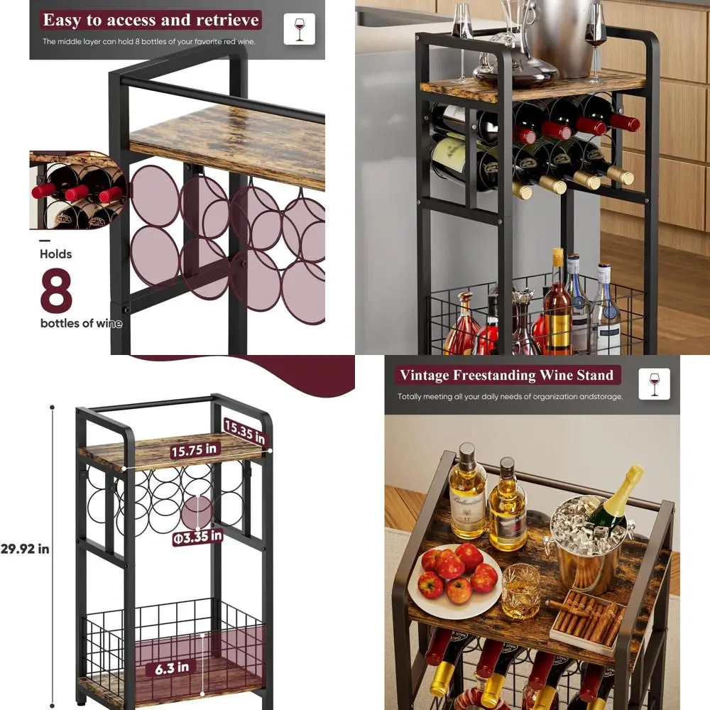 

Freestanding 3-Tier Wine Rack with Wooden Top, Liquor and Wine Bottle Holder, Compact Corner Wine Bar Table, Metal Whiskey Shelf