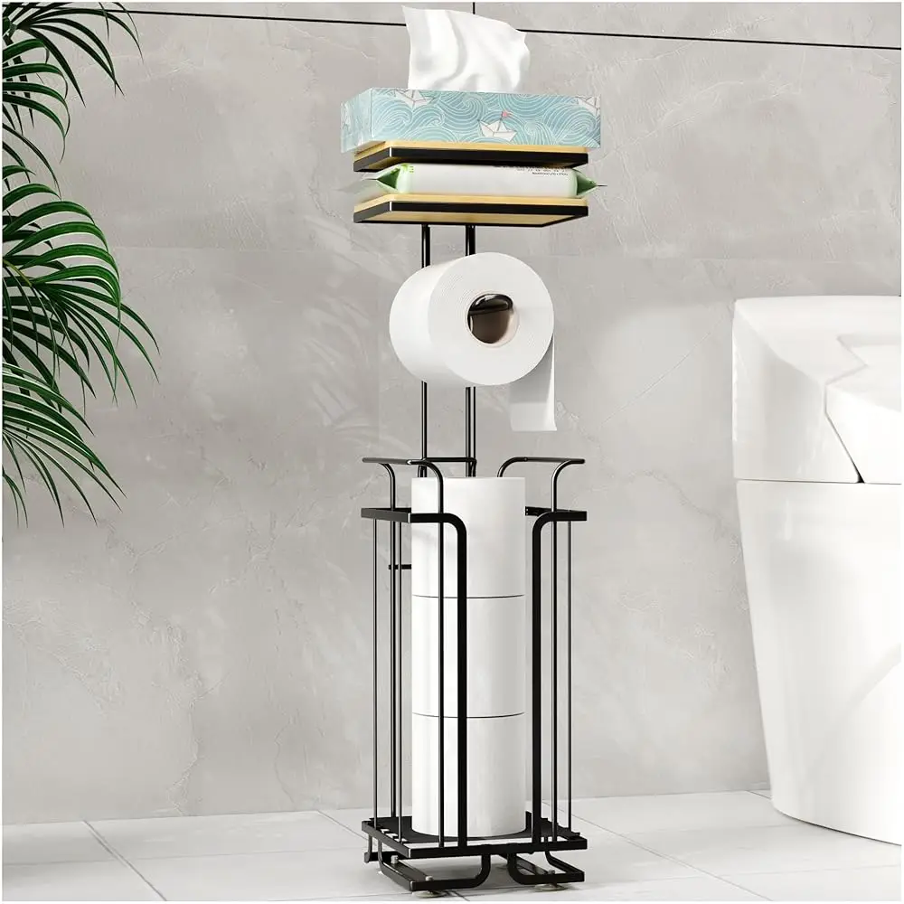 

Free Shipping-Free Standing Toilet Paper Holder with Shelf,Bathroom Toilet Paper Storage for 4 Rolls,Rustproof Metal Toilet Pape