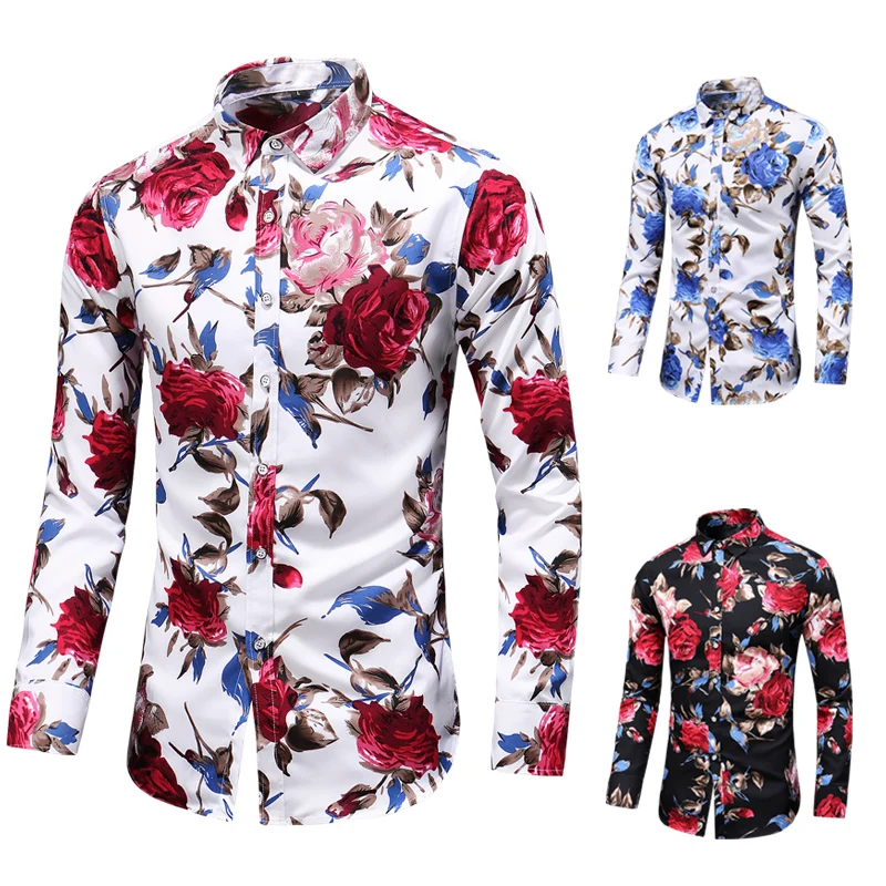 2023 Autumn Men Slim Floral Print Long Sleeve Shirts Fashion Brand Party Holiday Casual Dress Flower Shirt Homme Plus Size 7XL