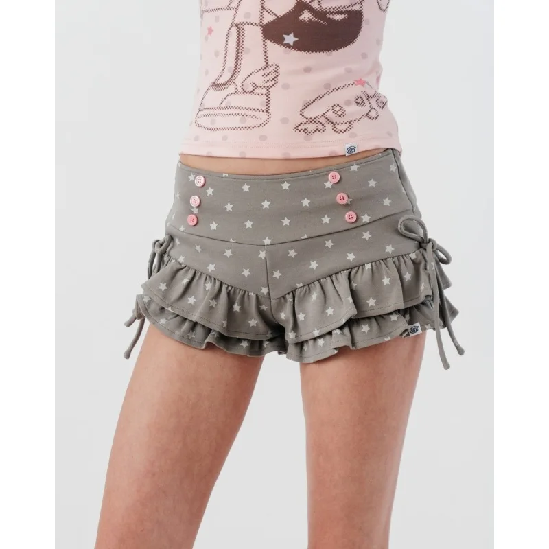 Y2K Star Print Ruffle Layered Mini Shorts Low Waist Button Drawstring Sweet Aesthetic Streetwear Bottom
