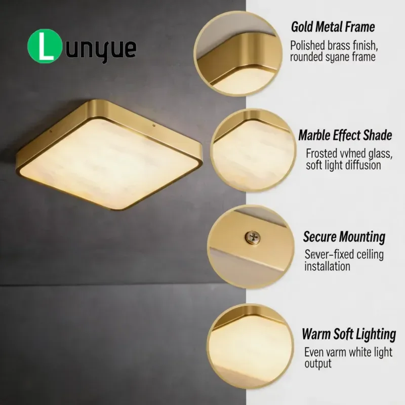 Modern Luxury LED Copper Ceiling Lamp with Marble Shade 360 Degree Dimmable Light Fixture for Hotel Villa Living Room Bedroom