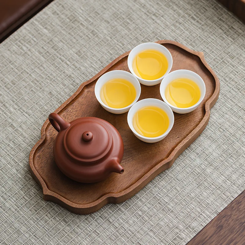 HeMu Wood Tea Tray with Floral Edge,Retro Wooden Serving Platter,Multi-purpose Decor Tray for Tea Cup,Dessert,Tabletop Display