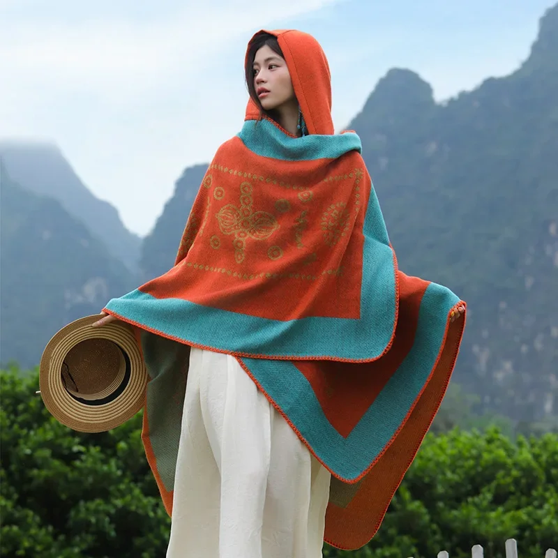 Ethnic style Poncho geometric cape shawl travel outfit photography warm cloak women's outdoor outfit versatile
