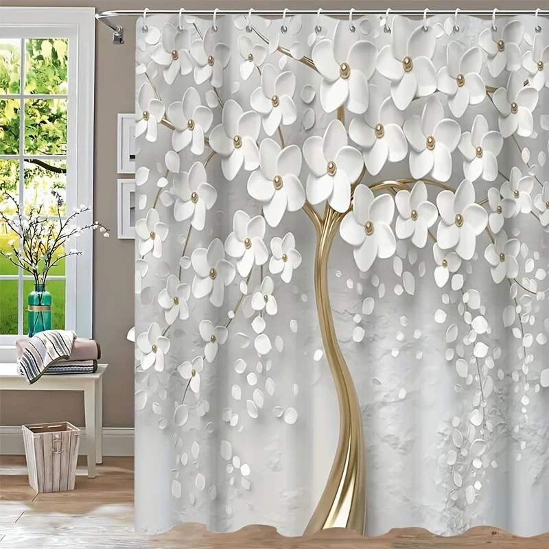 1pc Waterproof Floral Rain Design Bath Drape - White Flowers, Polyester, Includes 12 Hooks, Machine Washable, Ideal for Bathroom