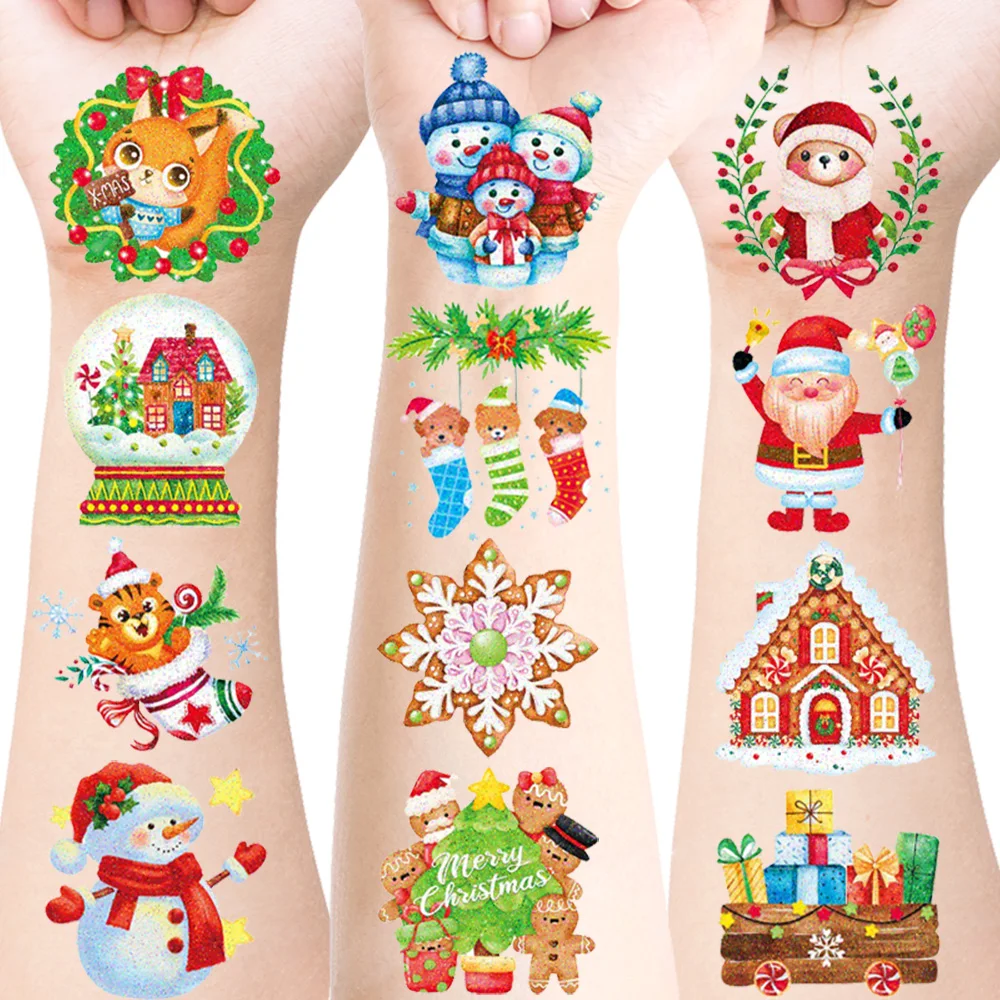 20 Sheets Merry Christmas Glitter Temporary Tattoos, Sparkling Design Xmas Tree Snowman Santa Claus Snowflake Christmas Motifs E