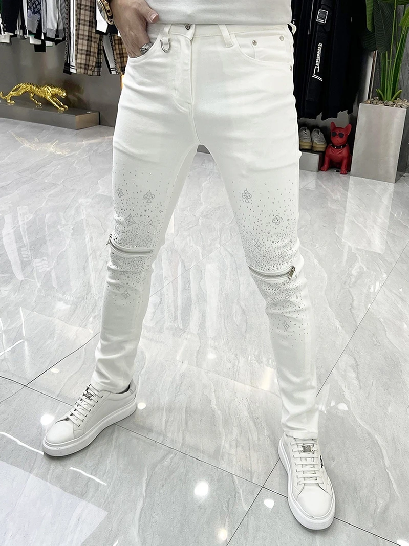 

Slim Fit Men's White Jeans Knee Zipper Rhinestone Fashionable Cool Small Foot Pants Casual Long Jeans Youth Trendy Bootcut