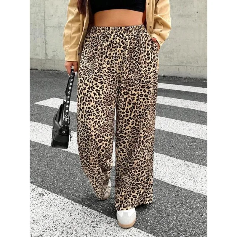 플러스 사이즈 1XL-5XL 여성 패션 바지 청소년용 신축성 허리 카모플라주 프린팅 슬림 캐주얼 와이드 레그 드래깅 팬츠