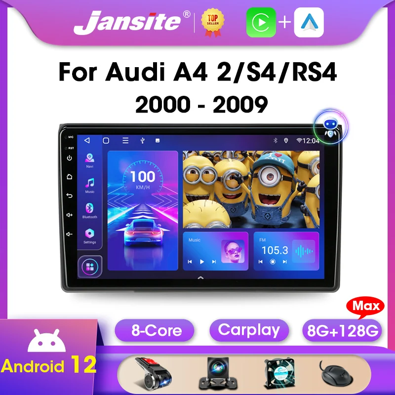 Jansite 2 Din Android 12 For Audi A4 2 B6 3 B7 2000-2009 S4 2002-2008 RS4 2005-2009 Car Radio Multimedia WIFI Carplay Audio Wifi 