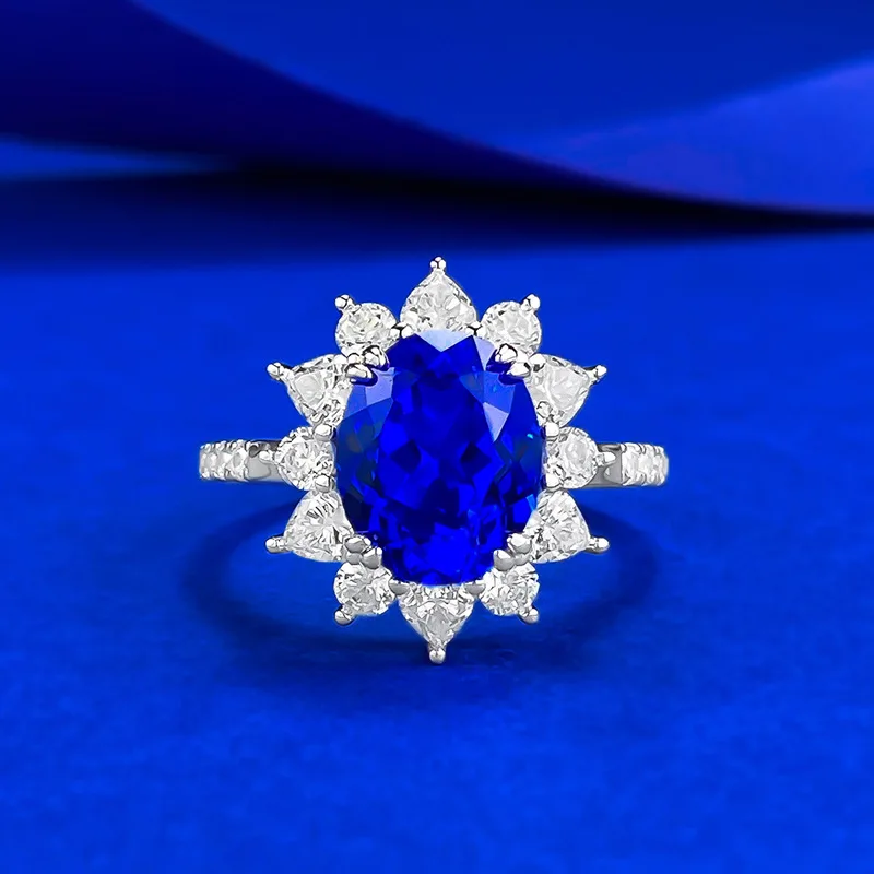 

New S925 Silver Ring Women's Blue Flower 8 * 10mm Elliptical Surrounding Ring, Gift To Girlfriend Wedding Jewelry