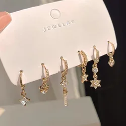 6pcs Creative Gold Color Geometric Heart Pendant Hoop Earrings for Women Crystal Star Bow Drop Earing Cartilage Piercing Jewelry