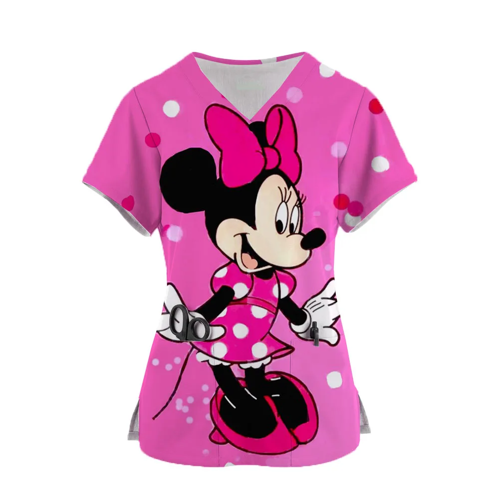 Women's Clothing Disney Mickey Mouse Print V-neck Women's Working Clothes Tops Short Sleeve With Pockets Medical Nurse Uniform