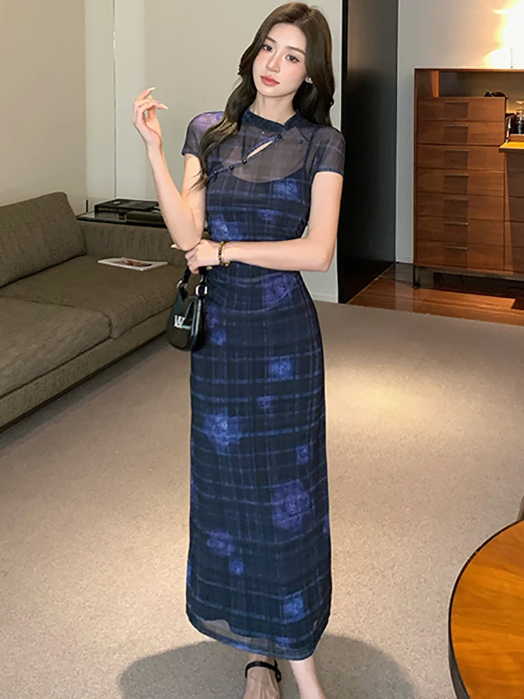 2025 bleu Floral Plaid Patchwork maille pure Sexy longue robe femmes coréen Vintage luxe robes été élégant moulante robes