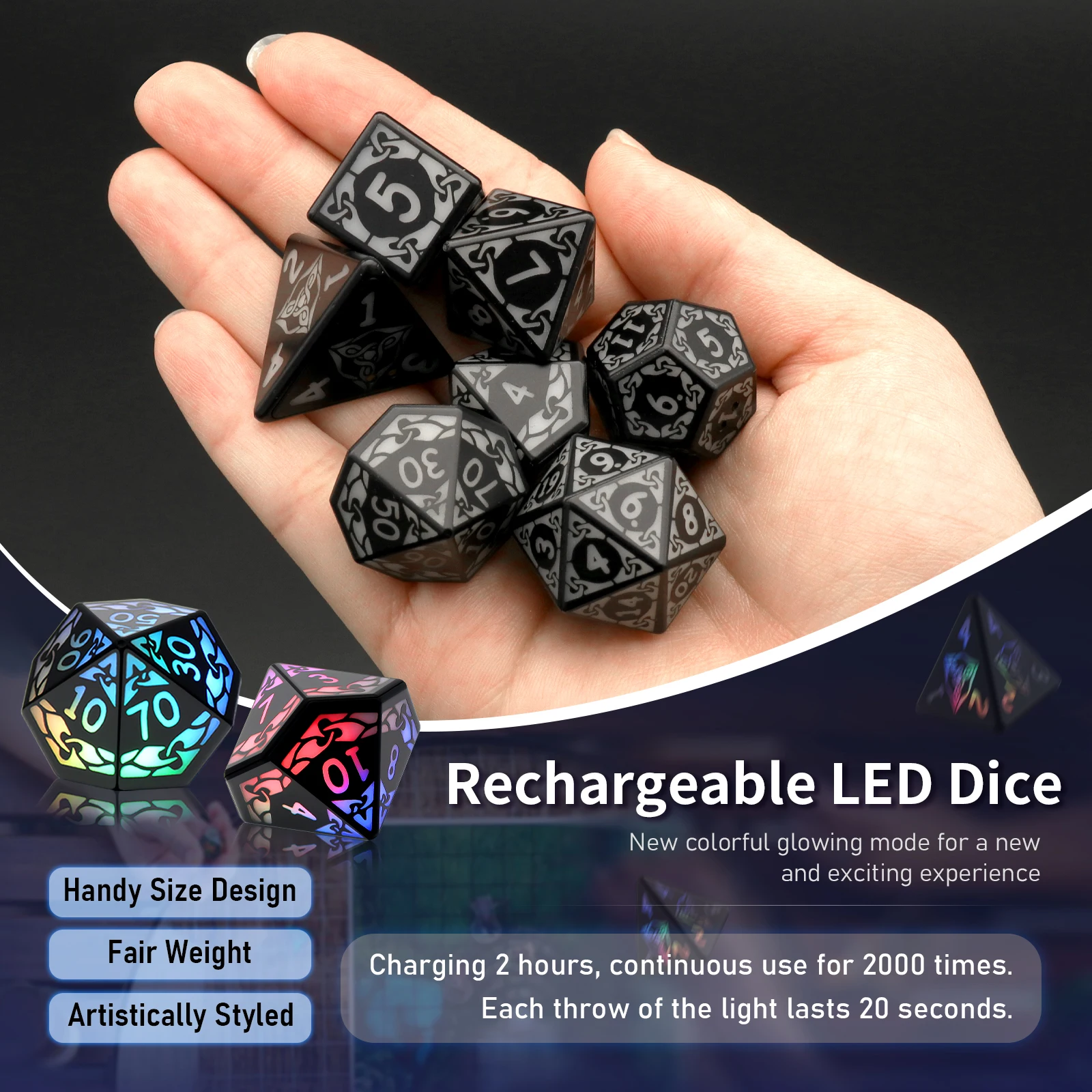 Juego de dados de colores con luz LED recargable, DND, D & D con caja de carga (luz de color)