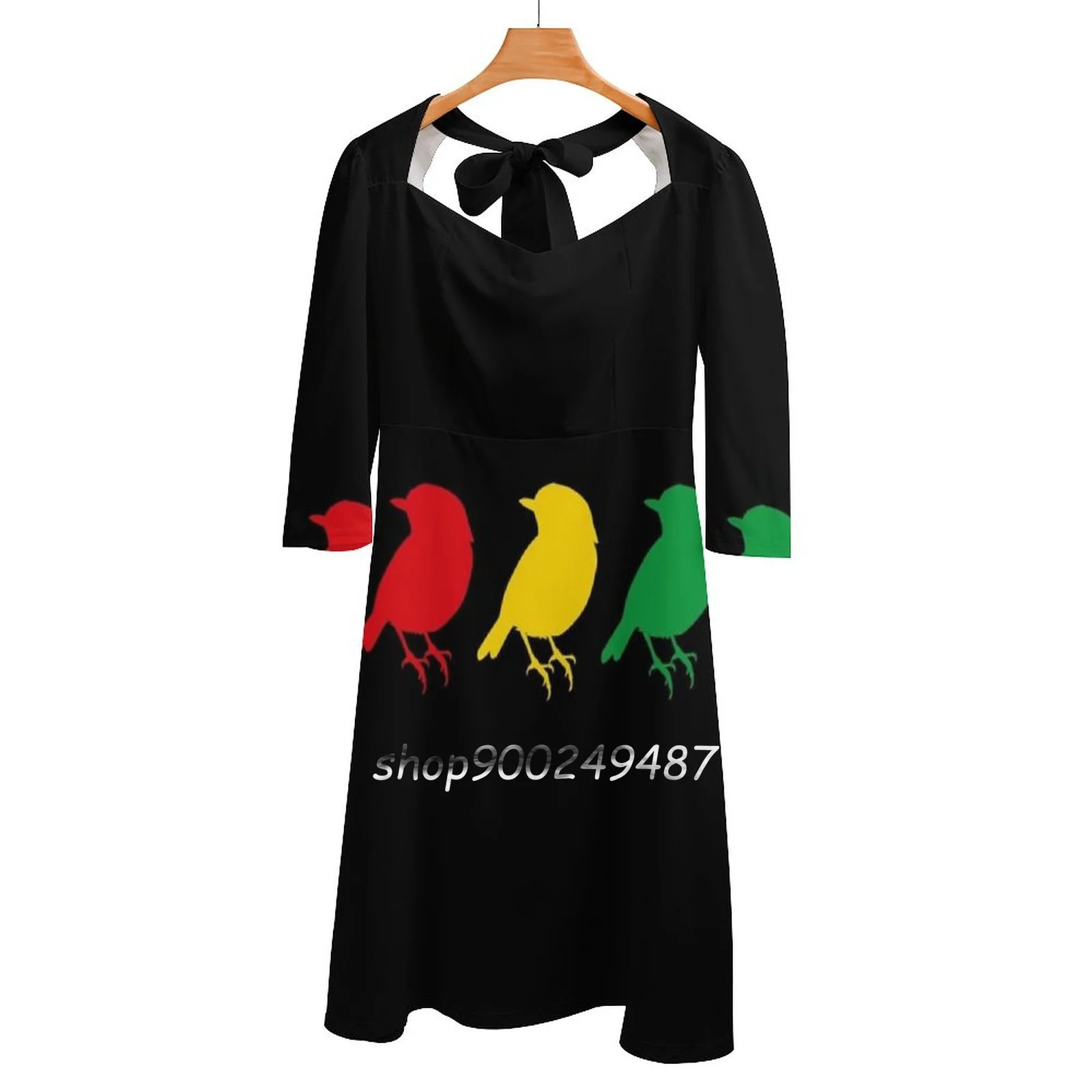 

3 Little Birds-Three Birds Rasta Colors Bob Song Square Neck Dress Cute Loose Print Dresses Elegant Beach Party Dress Rasta