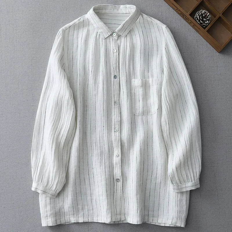 Women Casual Striped Shirt New Arrival 2024 Spring Simple Style Loose Comfortable Female Cotton Linen Tops Shirts B3620