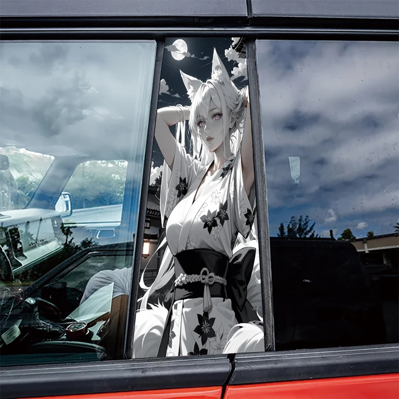 

2 pieces of automotive center pillar stickers Fox-eared Girl in Kimono Protective film, scratch-resistant stickers