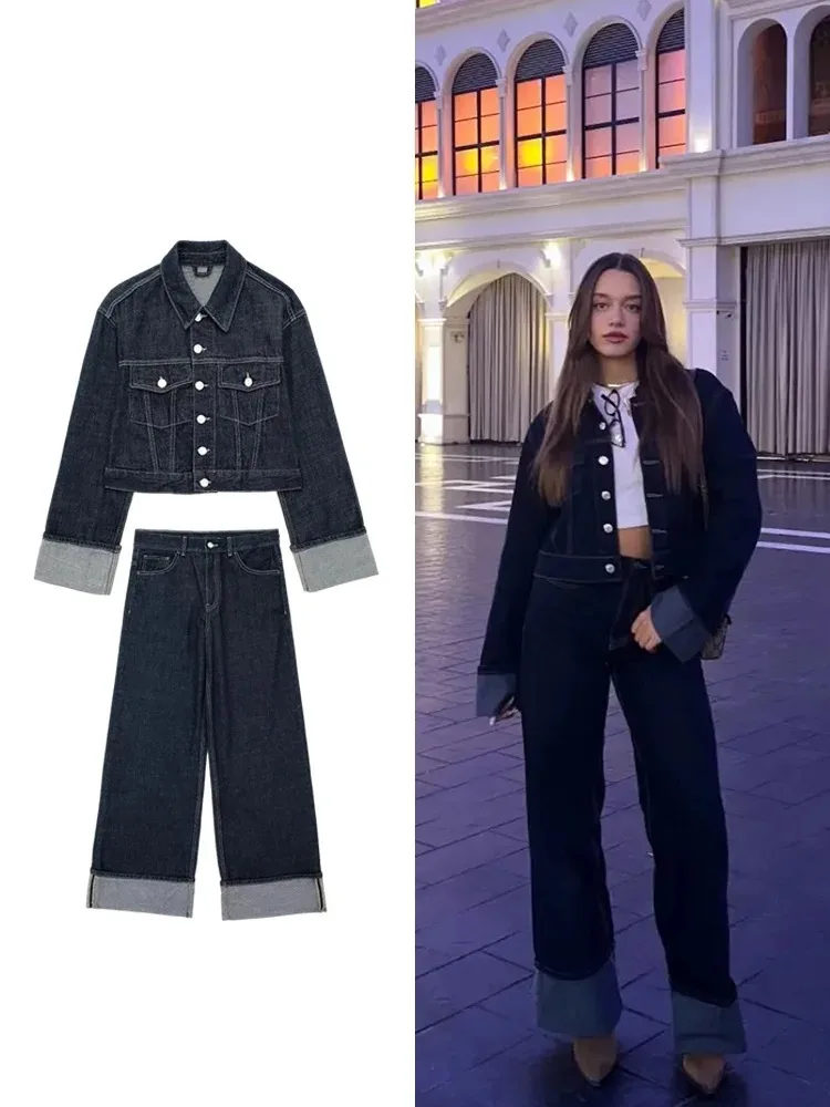 

TRAF Women's Fashion Fall Denim Suit Vintage Long Sleeve Single Breasted Lapel Jacket + High Waisted Wide Leg Jeans Street Suit