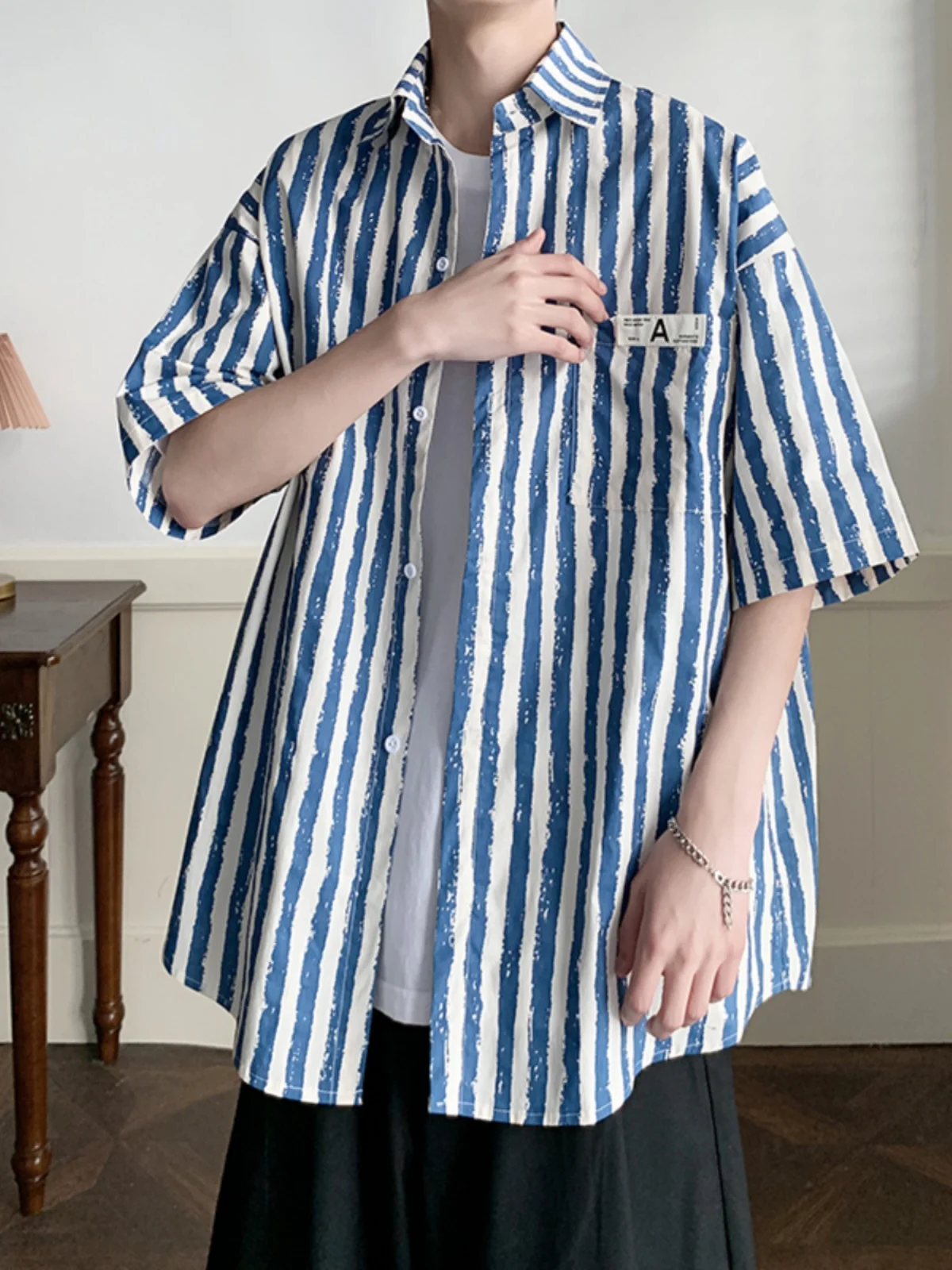 

Summer Thin Men's Stripe Shirt Short Sleeve Half Sleeve Fashionable Retro Outerwear Loose Fit Button up Cool Feeling Casual S...