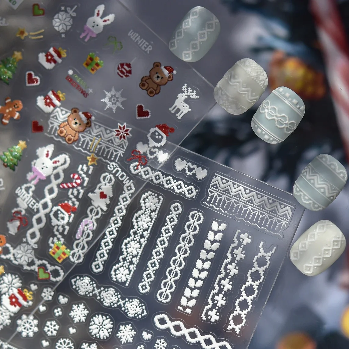 

Pixel Art Style Romantic Snow Winter Santa Claus Christmas Tree Snowflake Rabbit Bear Snowman Nail Art Stickers Manicure Decals