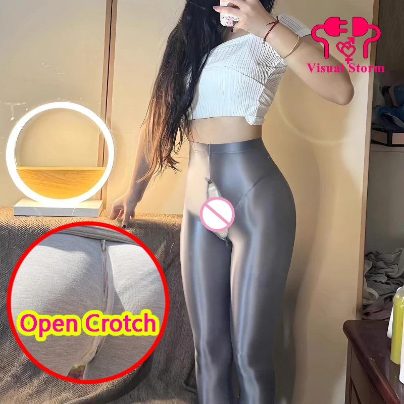 

Glossy Sexy Open Crotch Leggings for Women High Waist Sporty Hot Pants Gym Fitness Crotchless Clubwear Solid Color Casual Cloth