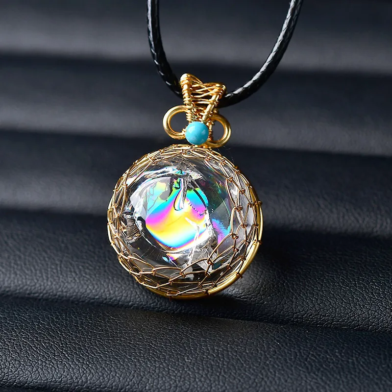 20mm Natural Clear Quartz Rainbow Healing Crystal Ball Reiki Sphere Net Shape Golden Wire Wrapped Gemstone Hanging Decor