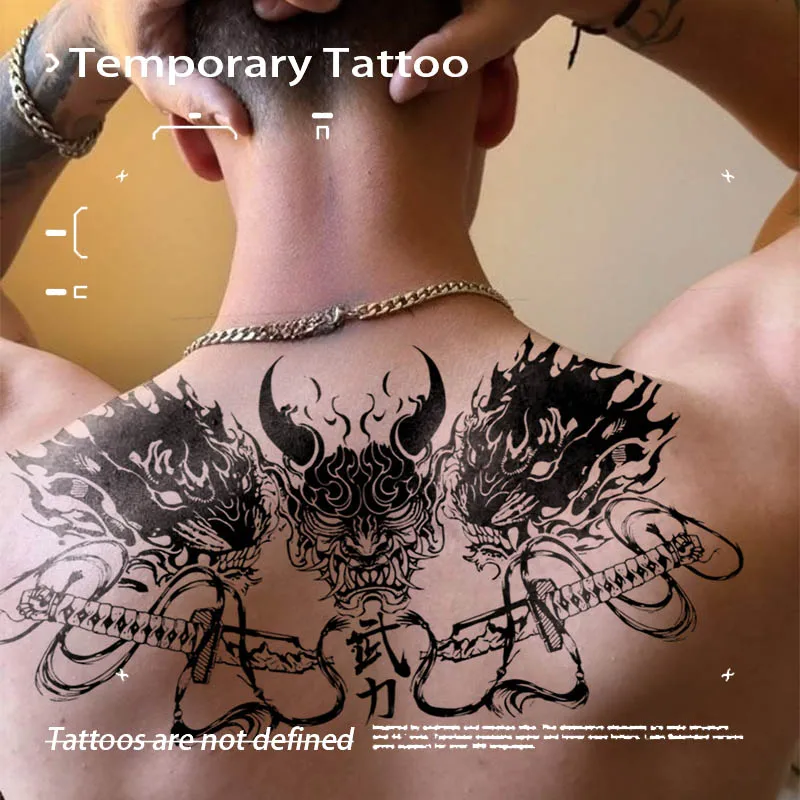 Japanese Hannya Samurai Herbal Juice Tattoo Sticker Waterproof Semi-Permanent Fake Tattoo for Men Back Temporary Tattoos