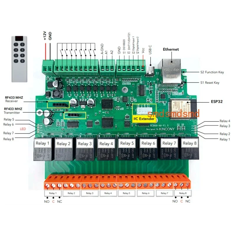 Kc868 Controller KC868-A8 ESP32 Wifi/Ethernet RS232 USB Relay Module ADC DAC RF 433M Temperature IDE view 2