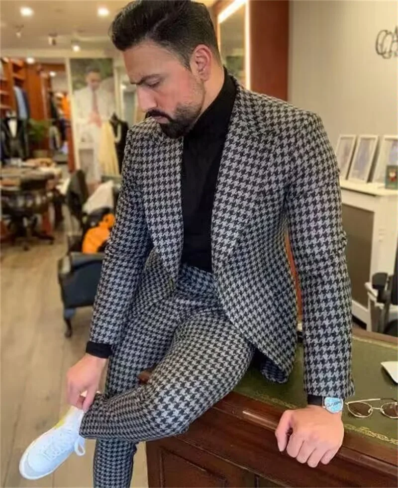 Lã de inverno masculino ternos blazer cinza houndstooth tweed noivo 2 pçs blazer + calças conjunto feito sob encomenda formal jaqueta casamento smoking