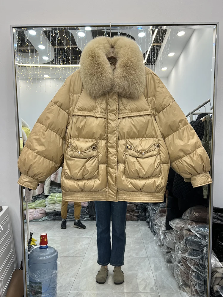 Winter 90% Weiße Ente Unten Parka Mantel 2022 Mode Lose Dicke Warme Natürliche Große Waschbären Pelz Outwear Lange Unten Jacke weibliche