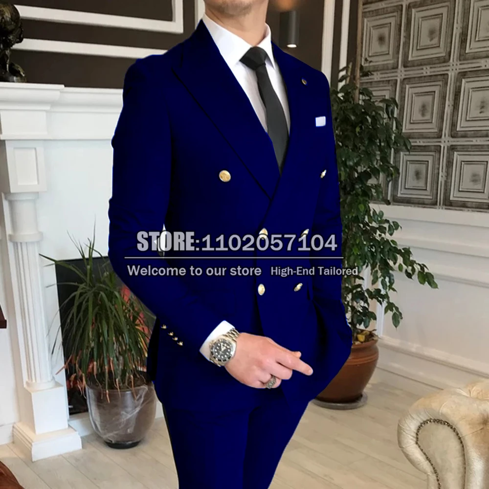 

Navy Men Suits For Wedding Slim Fit Double Breasted Coat Pant Latest Design Button Jacket Groom Wear Blazers Business Party Gown