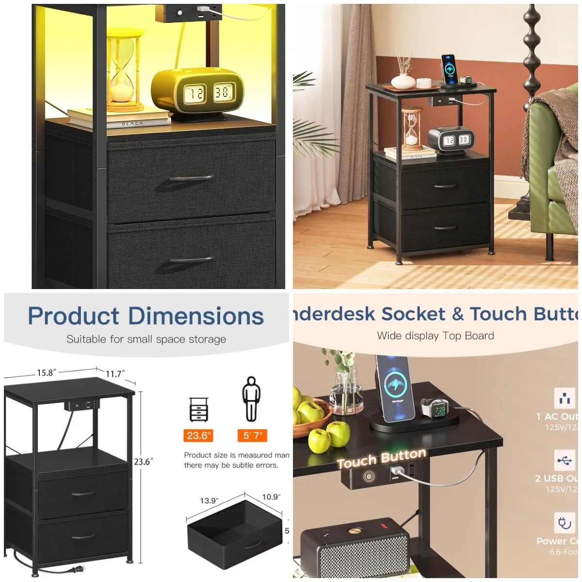 

Night Stand with Charging Station & LED Lights, Black Bedside Table with 2 Drawers & Shelf
