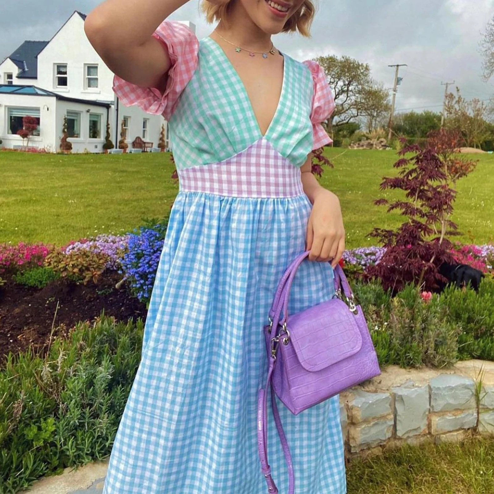 Women 2000s Aesthetic Gingham Dresses Puff Sleeve Empire Waist Contrast Colors Plaid Long Dresses Beach Vocation Sundress